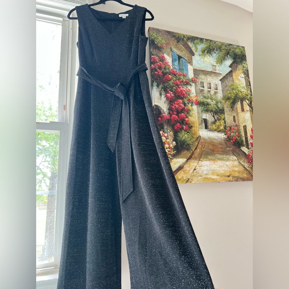 Calvin Klein Sleeveless Cropped Tie-Waist Dress Jumpsuit black and silver size 8